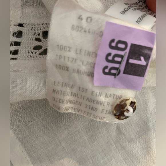 Basset Size S White Linen Lace Fitted Stone Button Front 3/4 Sleeve Top Germany - Picture 11 of 11